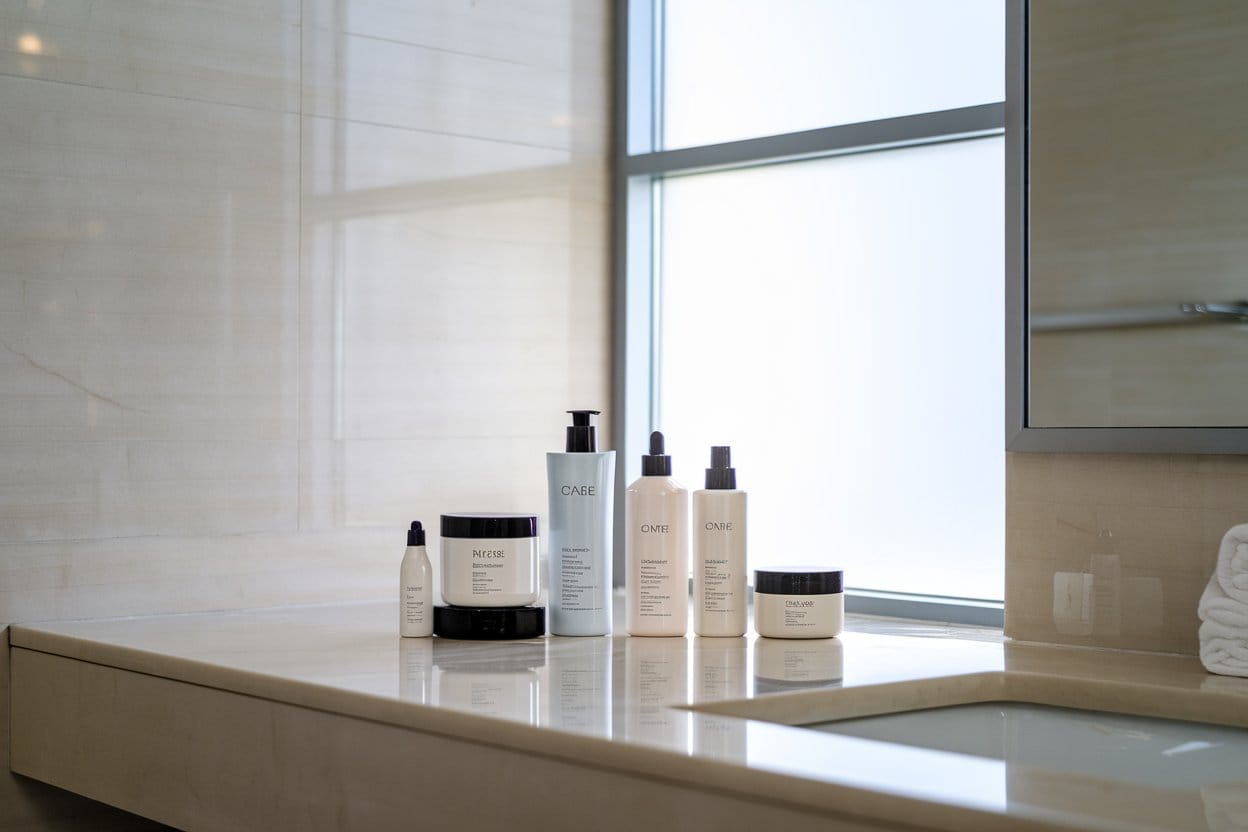 A curated set of mild, professional hair care products on display at Express Med Spa for scalp wellness