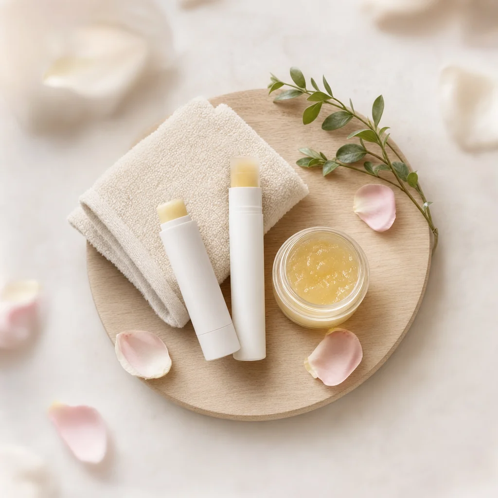 Flat lay of at-home mini lip filler aftercare products, a hydrating lip balm, an SPF lip product, and arnica gel, styled for Express Med Spa in Frankfort, IL.