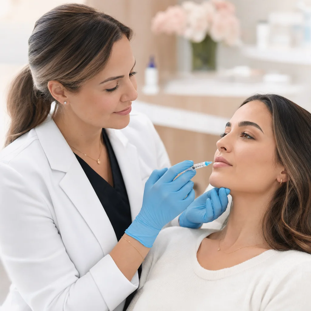 AI-generated editorial illustration of a gloved cosmetic injector holding a filler syringe at a relaxed client's lips during a lip injection appointment.
