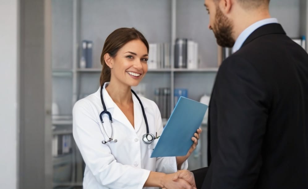 Female medical provider shaking hands with business professional, symbolizing medical director support for multi-location med spas