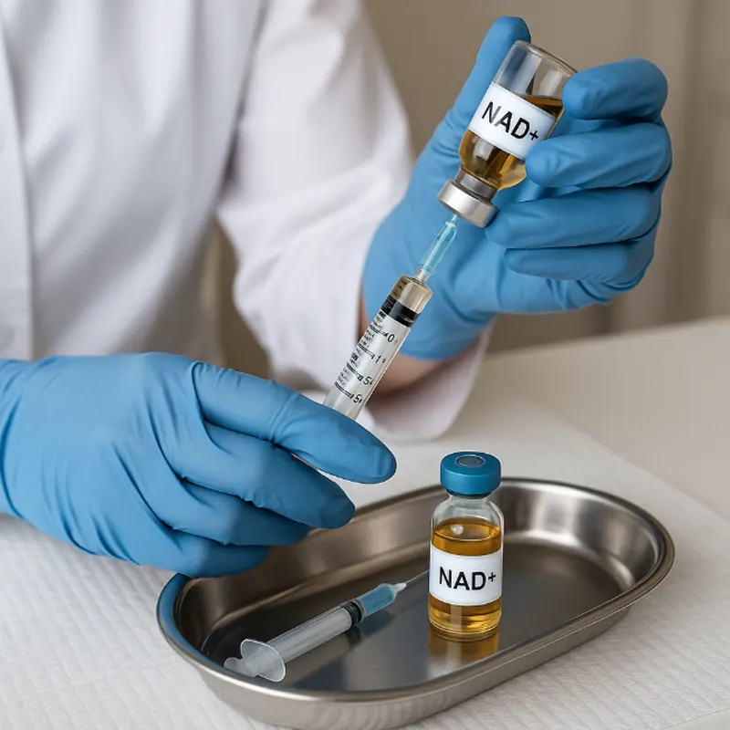 Nurse preparing an NAD wellness injection at Express Med Spa Frankfort with calm, focused care