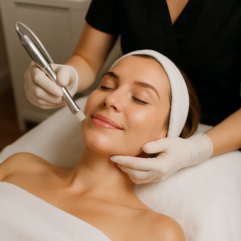 Woman receiving facial treatment to brighten and even skin tone at Express Med Spa