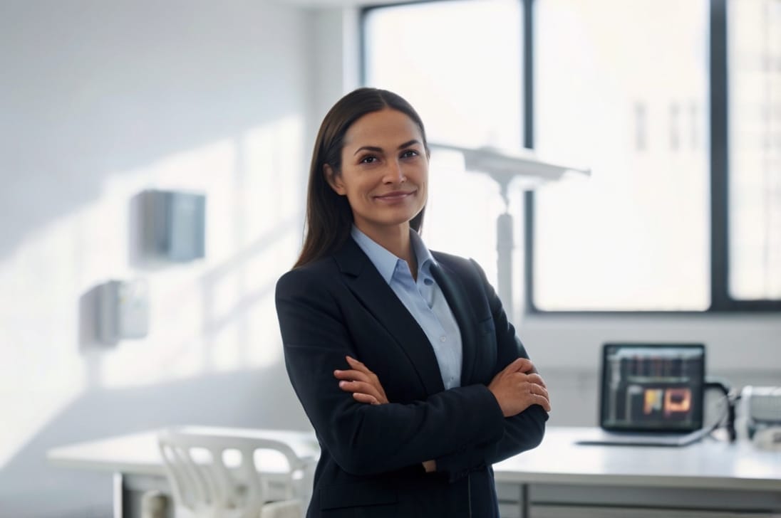 Confident nurse practitioner clinical director in business attire leading med spa operations and compliance