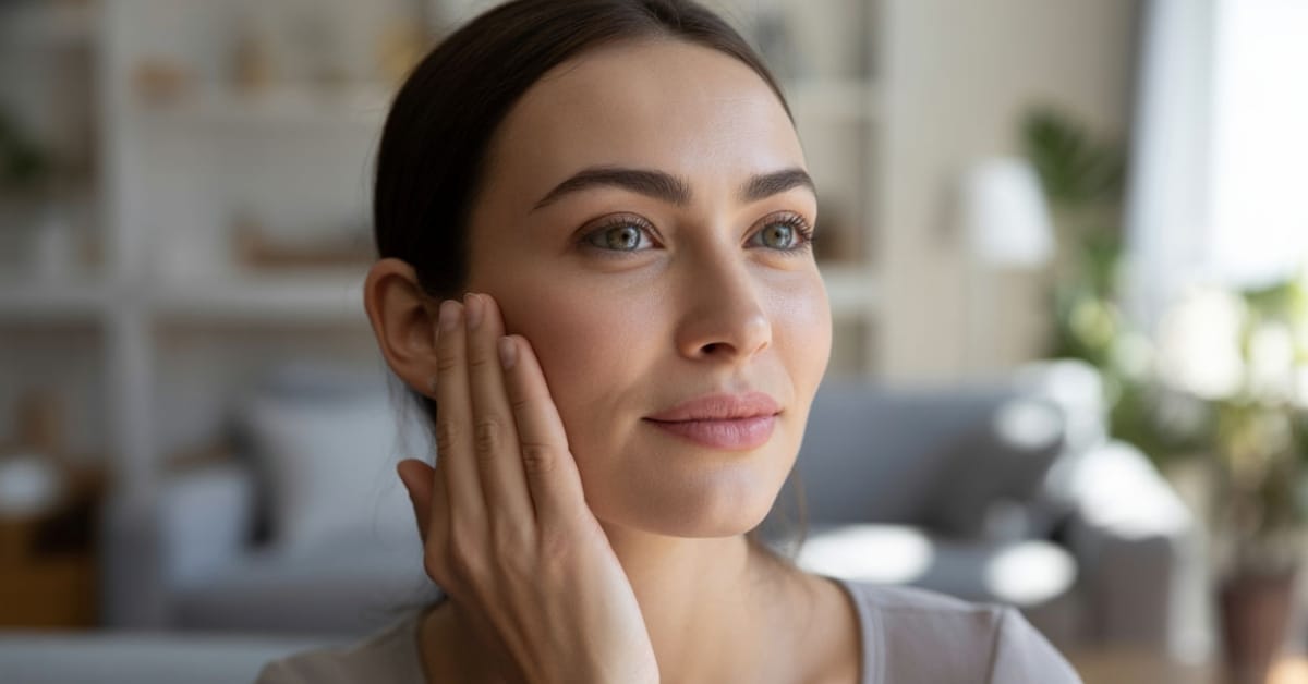 A woman admires her smooth, glowing skin and plump lips after lip filler care at Express Med Spa.