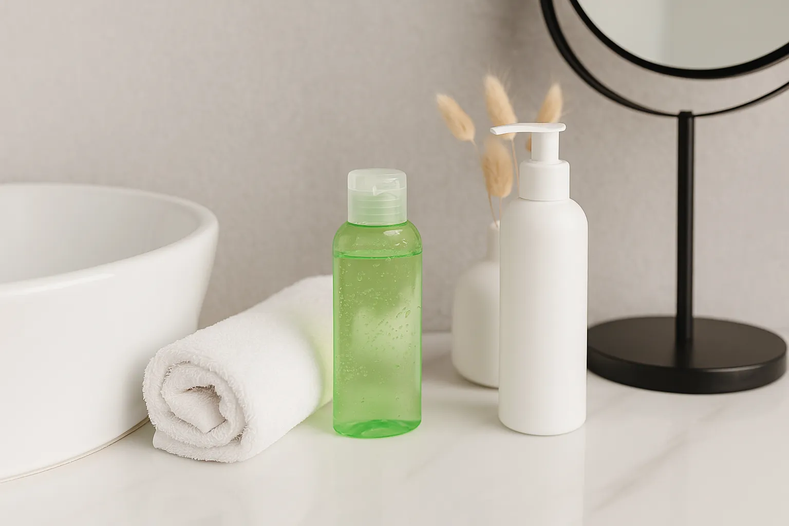 Aloe vera gel and lotion displayed in a clean bathroom setting on marble counter