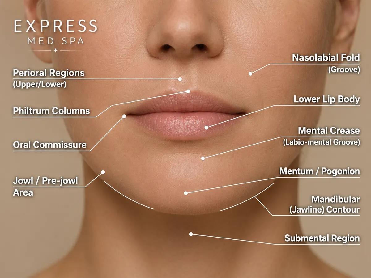 Labeled facial anatomy diagram showing pre-jowl and chin filler treatment areas at Express Med Spa Chicago