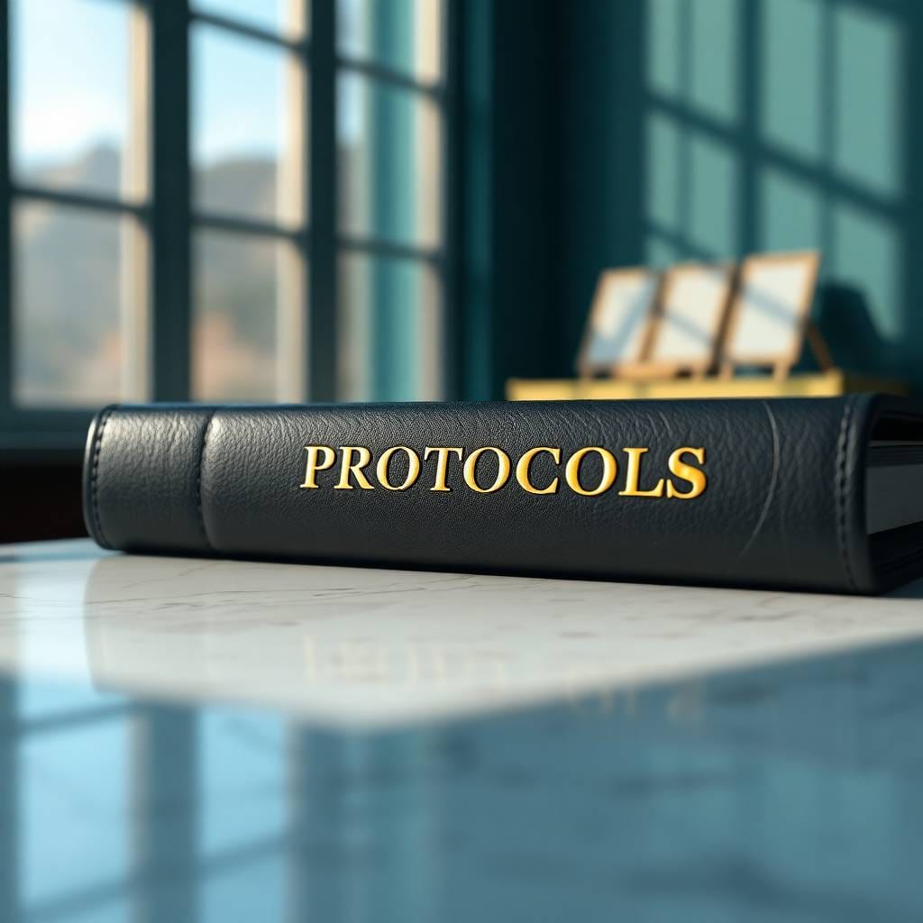 Black leather binder embossed with PROTOCOLS in gold, resting on a white quartz desk beneath soft natural light through frosted glass, set against a deep teal background