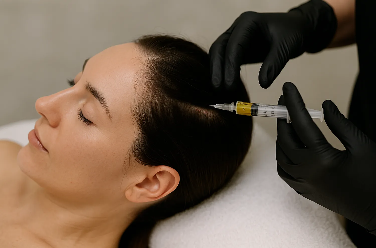 Relaxed woman receiving PRP hair restoration at Express Med Spa, feeling confident in expert care