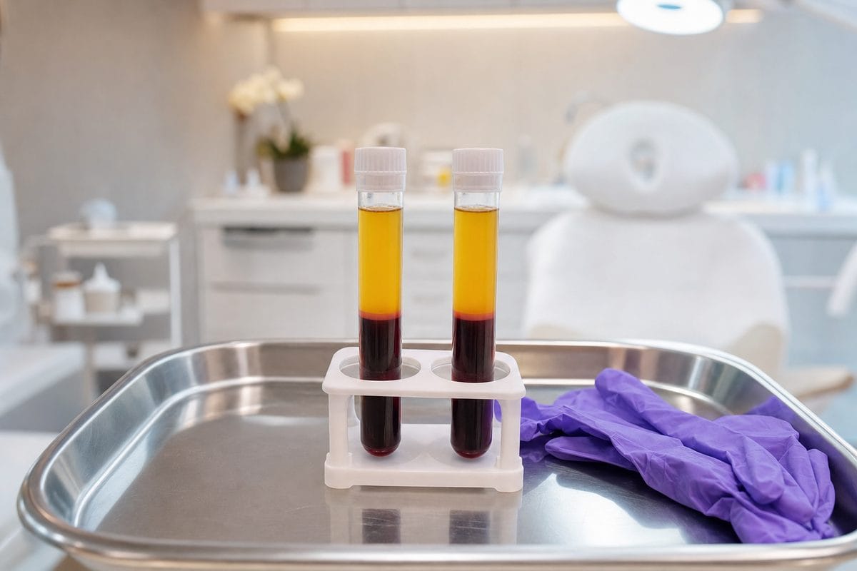 PRP microneedling preparation showing centrifuge tubes with separated platelet-rich plasma ready for collagen induction treatment