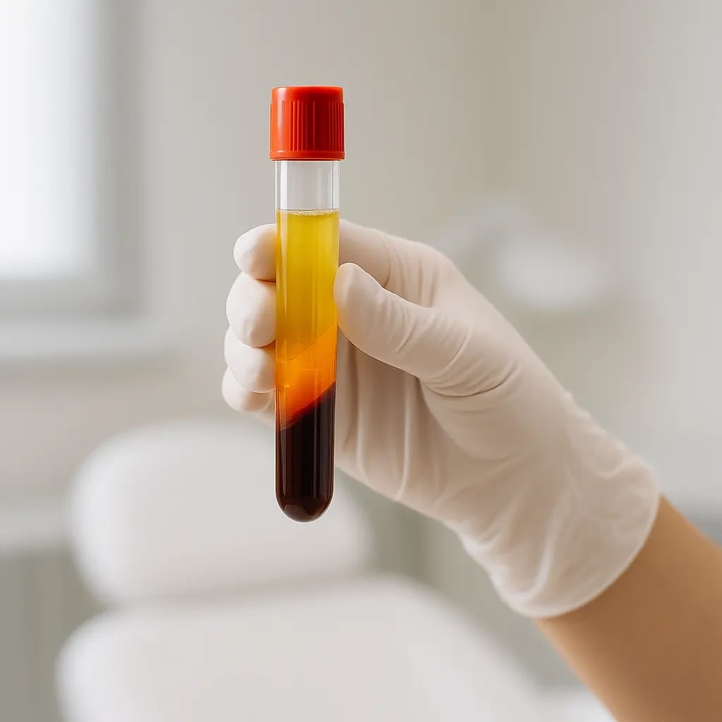 A gloved clinician holds a PRP vial after centrifugation during a platelet-rich plasma preparation at Express Med Spa.