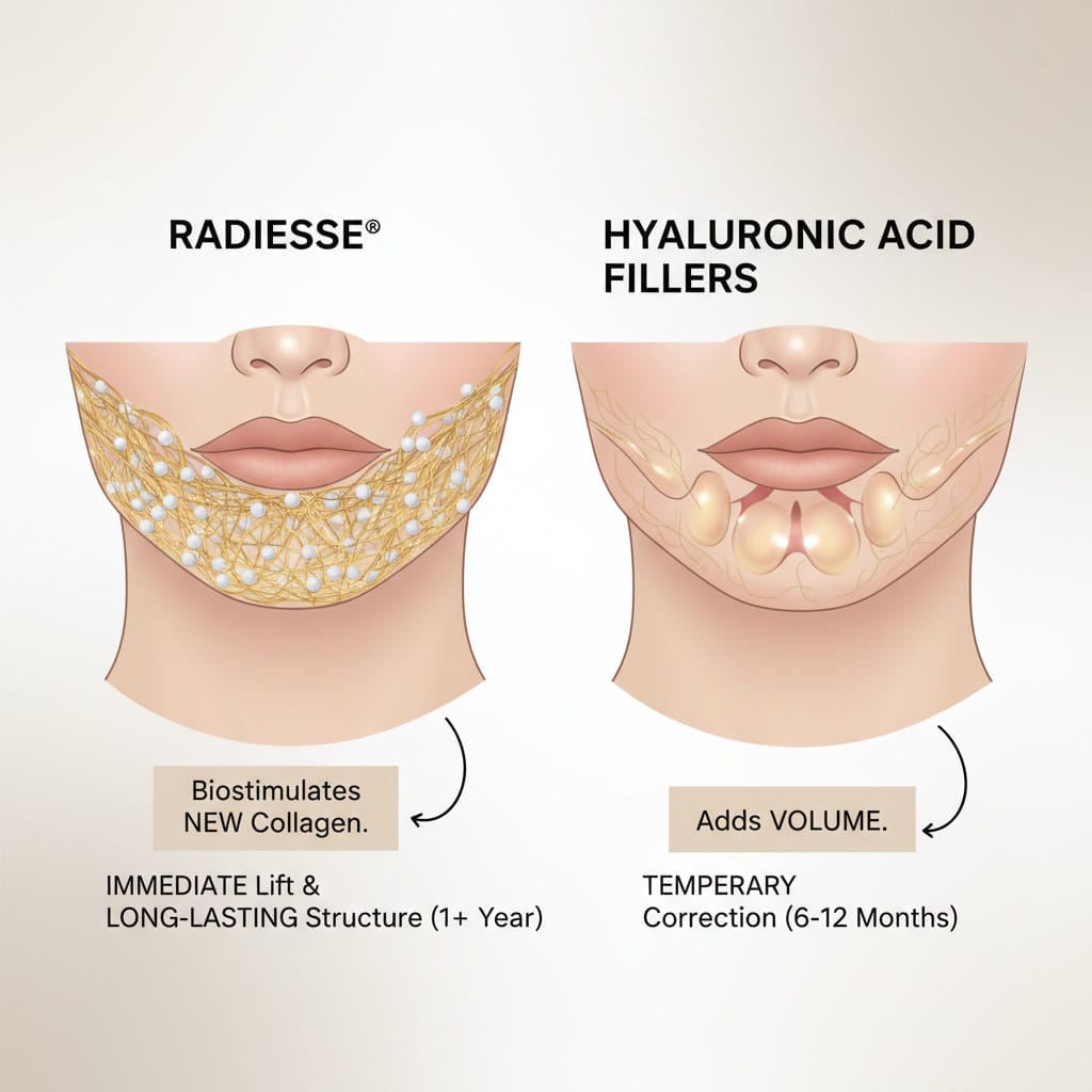 Simple illustration showing collagen support concept for Radiesse vs fillers Caption: Radiesse is often chosen for its collagen supporting benefits in addition to immediate improvement