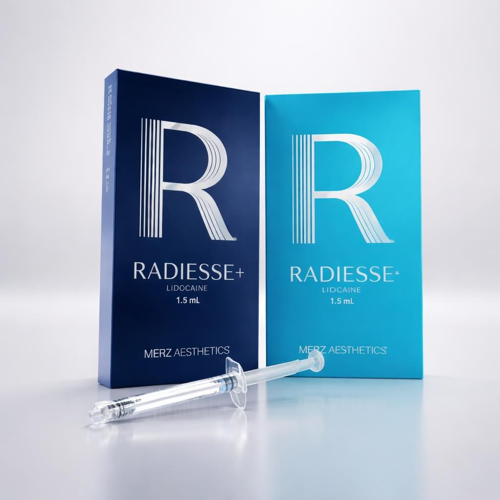 radiesse dermal filler syringe and product packaging for facial volume restoration. radiesse decollete