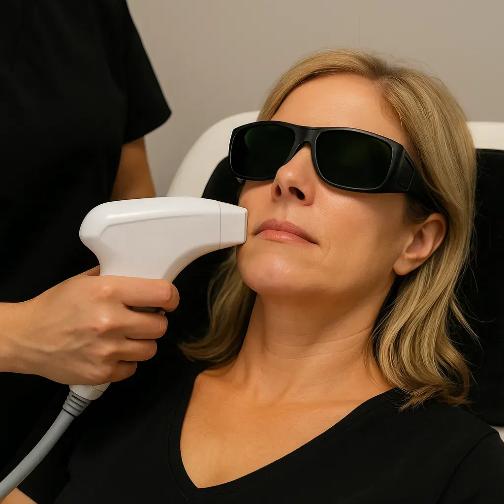 Client enjoying a relaxing radiofrequency facial to lift, tighten, and smooth skin at Express Med Spa  Caption: