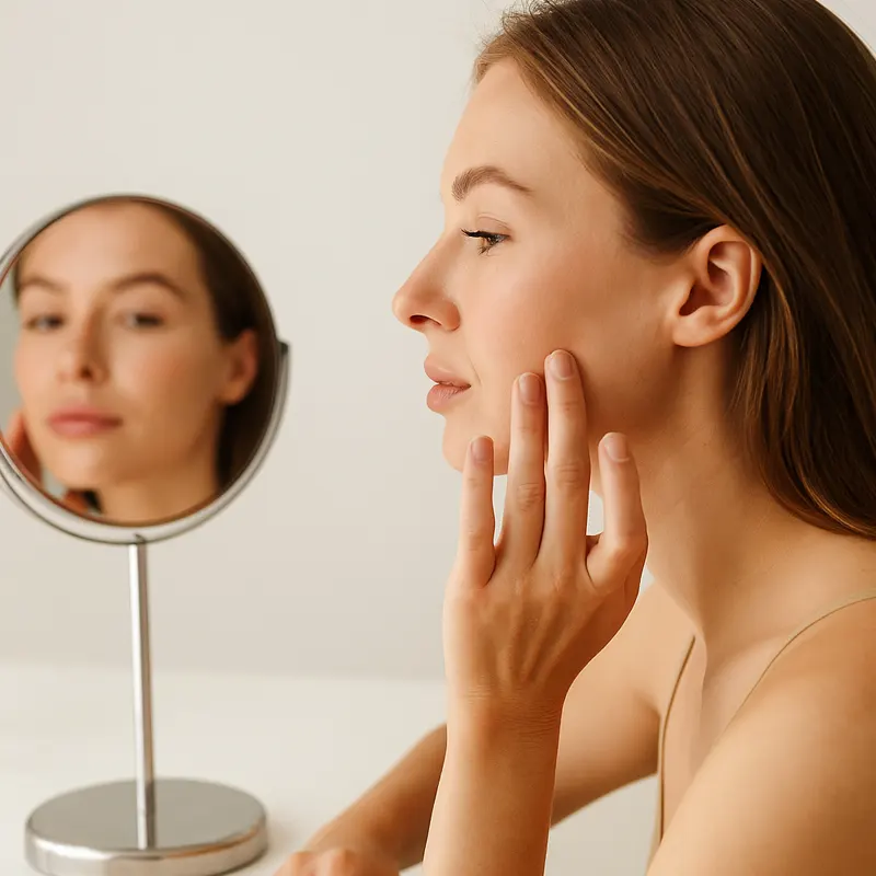 Woman gently touching smooth skin after Revanesse Versa Plus filler treatment at Express Med Spa Mount Greenwood Chicago