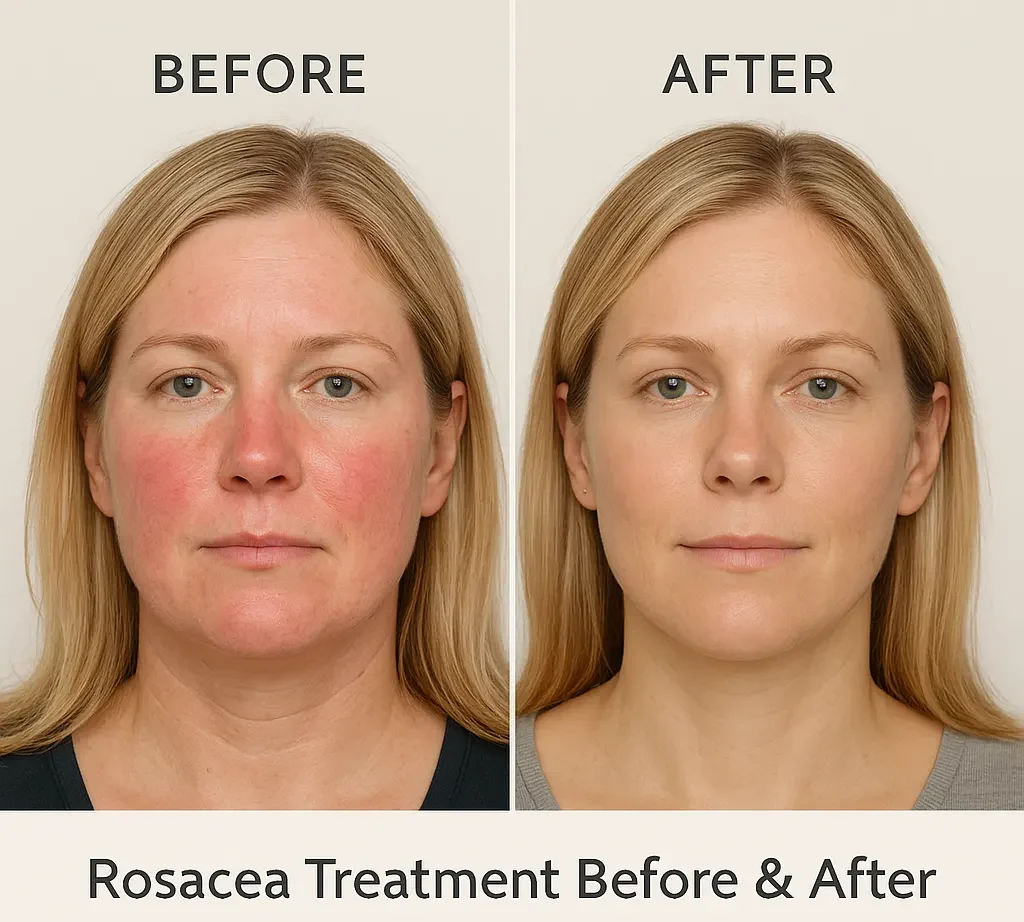 Before and after rosacea treatment at Express Med Spa Frankfort showing reduced facial redness.