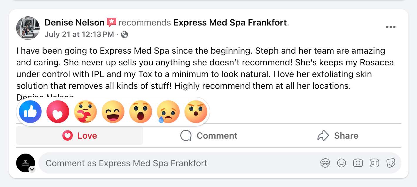 Facebook review for Express Med Spa La Grange praising staff and beauty service offerings ear piercing review