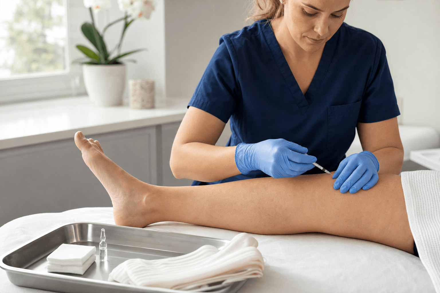 Nurse practitioner performing a spider vein sclerotherapy injection on a patient's lower leg at Express Med Spa in Chicagoland