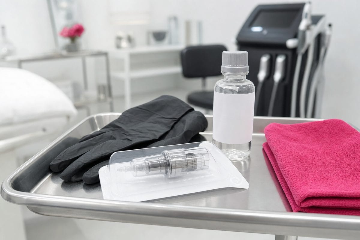 Sterile single-use microneedling cartridge in sealed packaging on a clean medical tray as part of Express Med Spa safety protocol