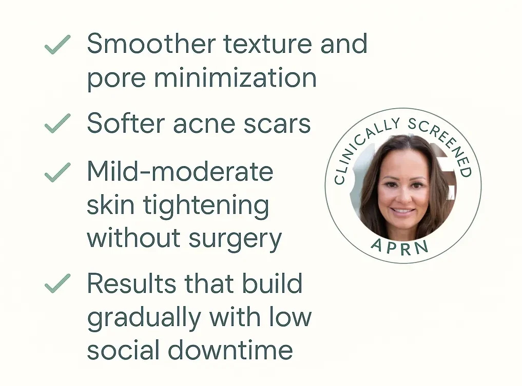 Eligibility checklist with APRN “Clinically Screened” badge for Sublative RF Microneedling at Express Med Spa La Grange