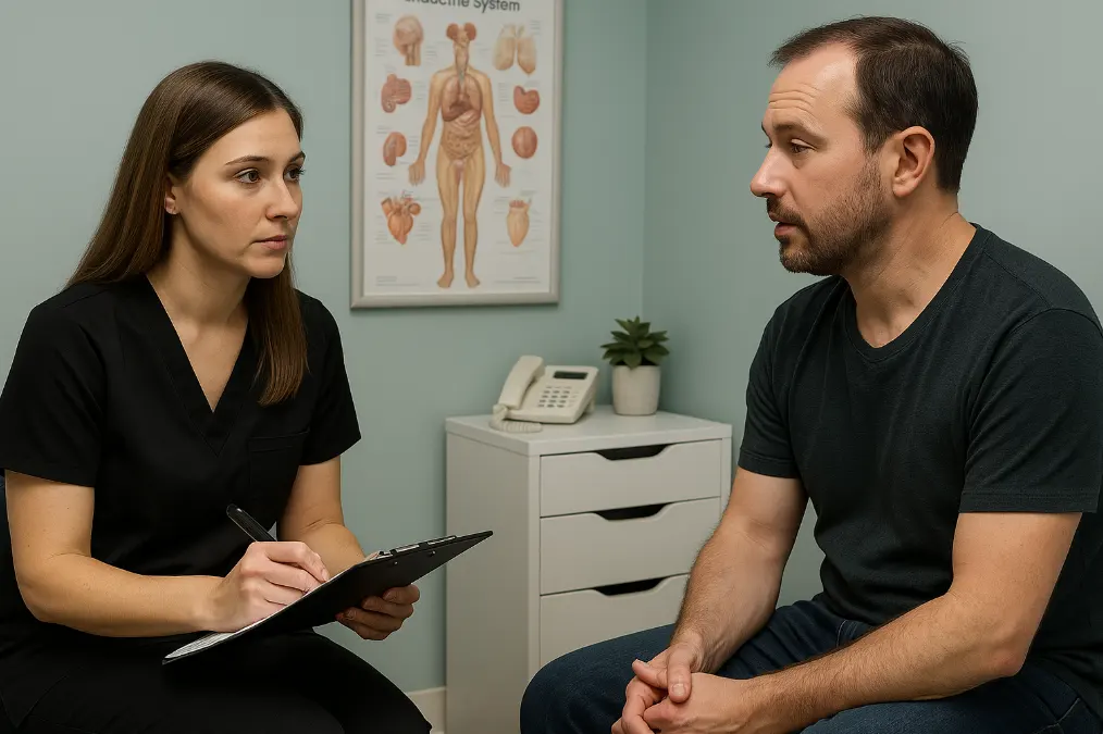 Male patient consulting with female provider about testosterone HRT at Express Med Spa