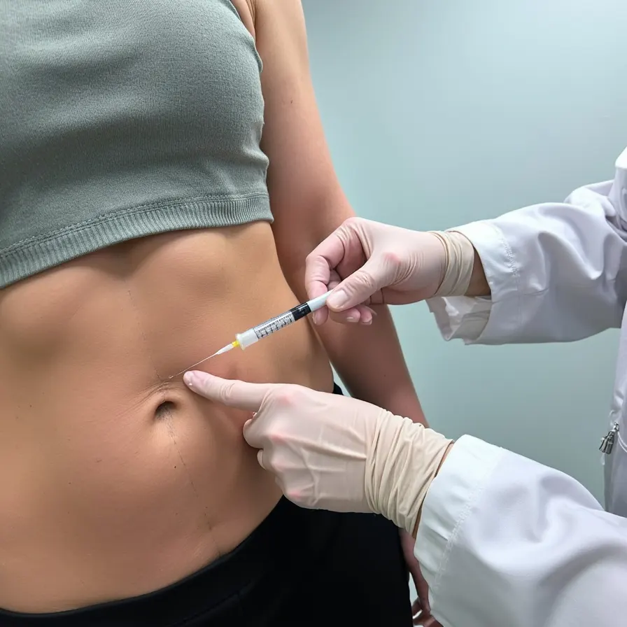 Injector administering Tirzepatide injection to abdomen in clinical setting