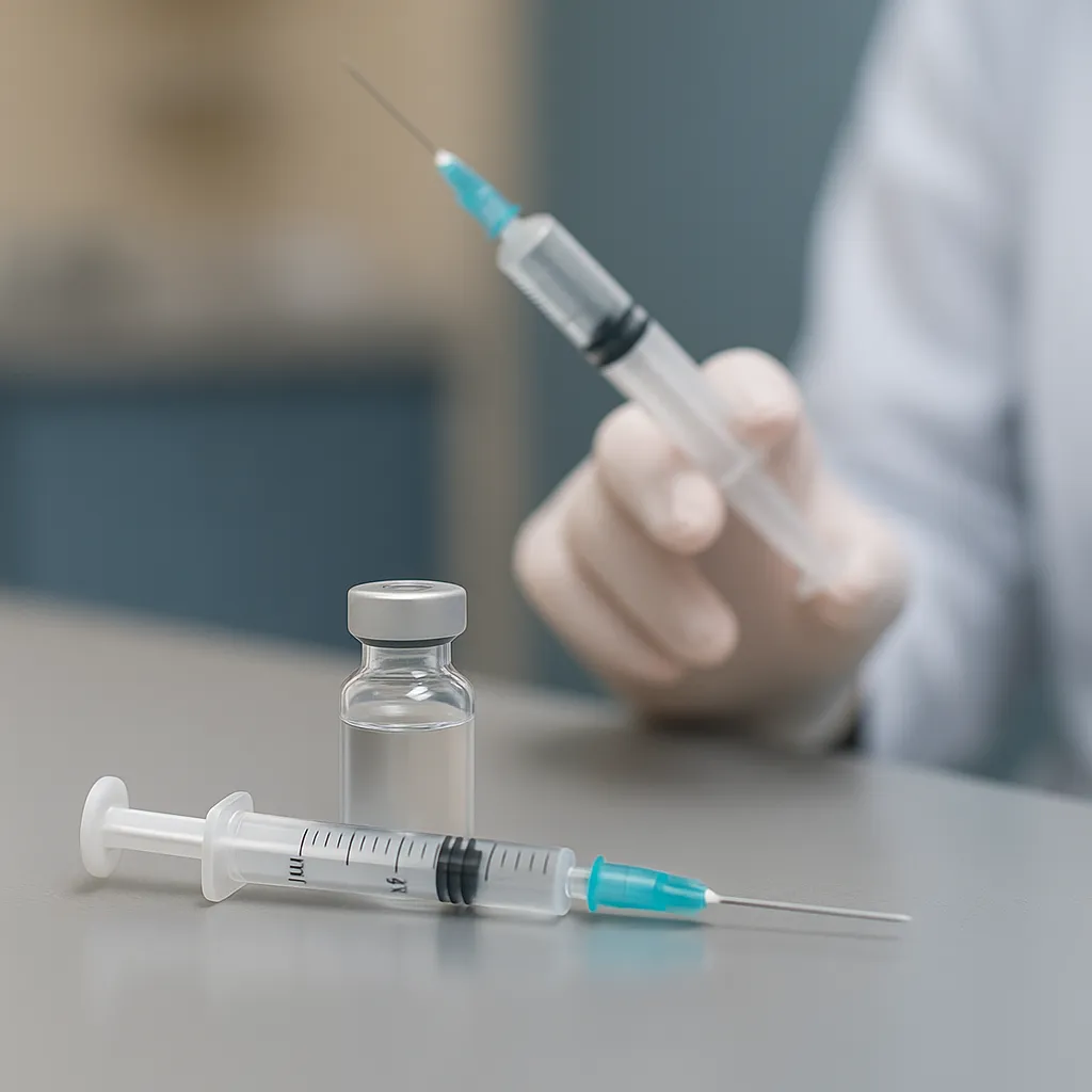 Syringe and vial prepared for Tirzepatide injection on clinical table