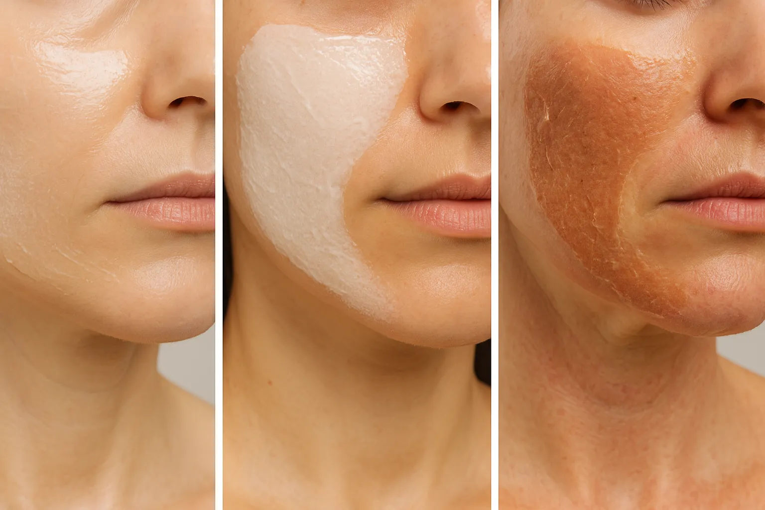 Three types of chemical peels shown on women’s lower faces: light, medium, and deep peels