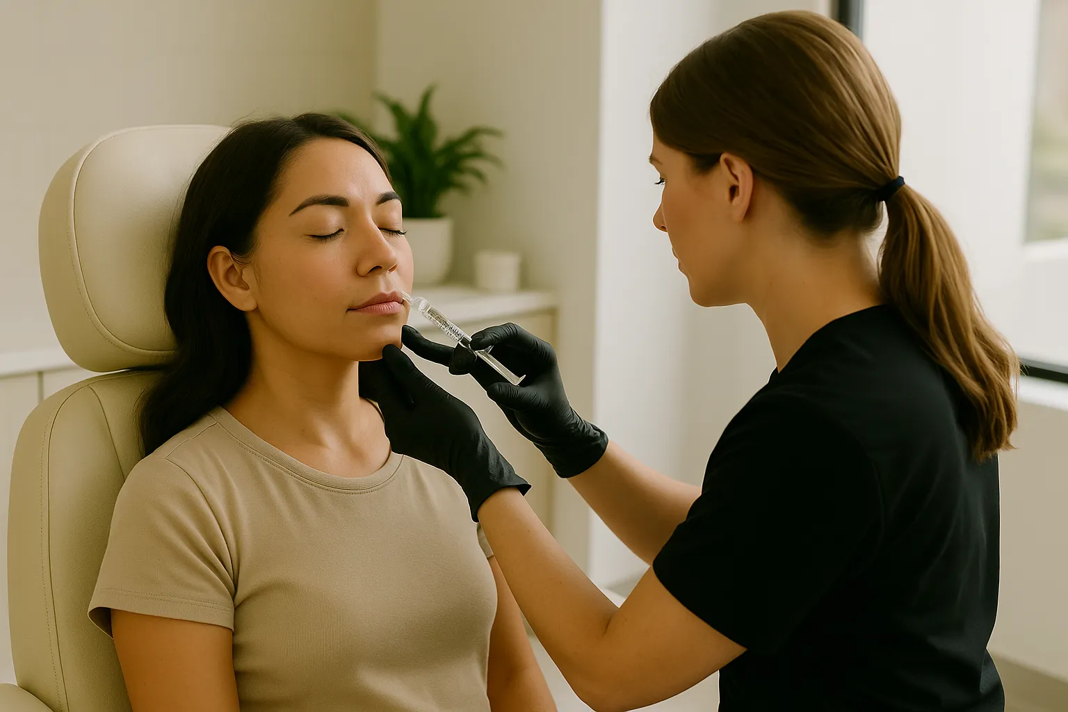 Client receiving Versa lip filler injection from a nurse injector in a bright treatment room at Express Med Spa Frankfort.