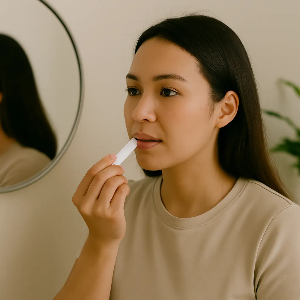Client applying moisturizing lip balm in front of a mirror for post-Versa treatment care at Express Med Spa Frankfort IL.