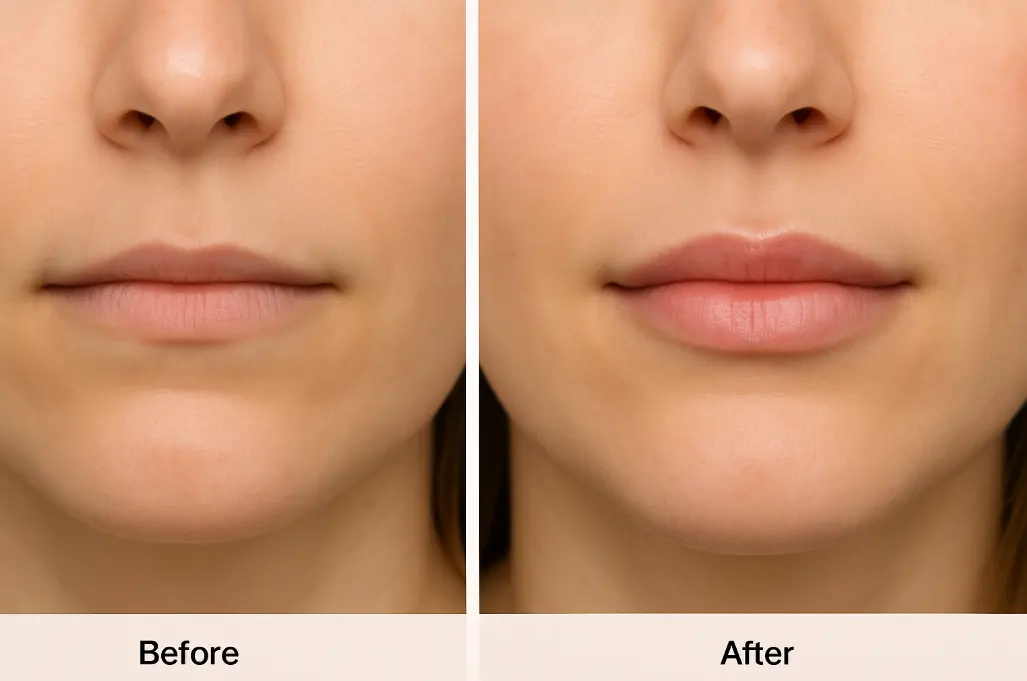 Before and after Versa lip filler results on a female client in Frankfort, IL, showing subtle volume and improved lip shape.