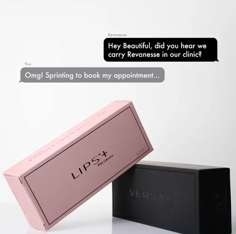 Revanesse Versa and Lips filler boxes displayed together at Express Med Spa La Grange IL, showing premium quality and excitement for natural results