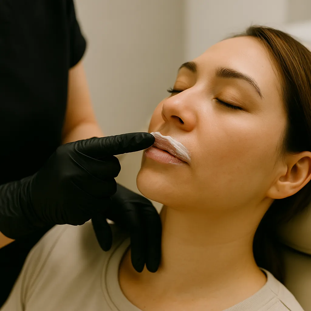 Clinician applying topical numbing cream to a patient’s lips before Versa filler treatment at Express Med Spa Frankfort IL.