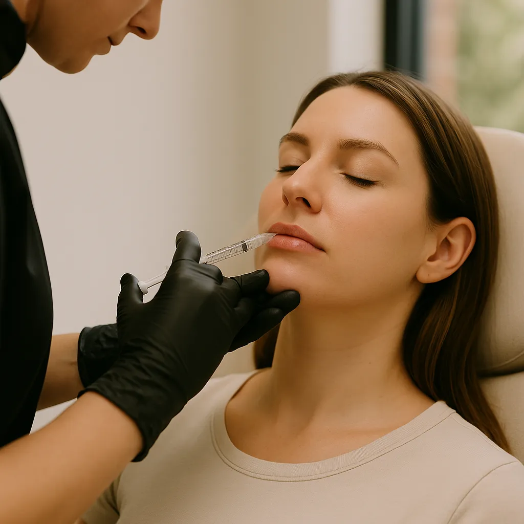 Client receiving Versa lip filler injection from a nurse injector in a bright treatment room at Express Med Spa Frankfort.