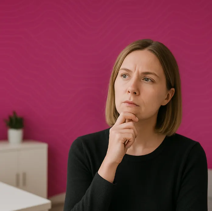 Woman with thoughtful expression considering questions before getting a VI Peel