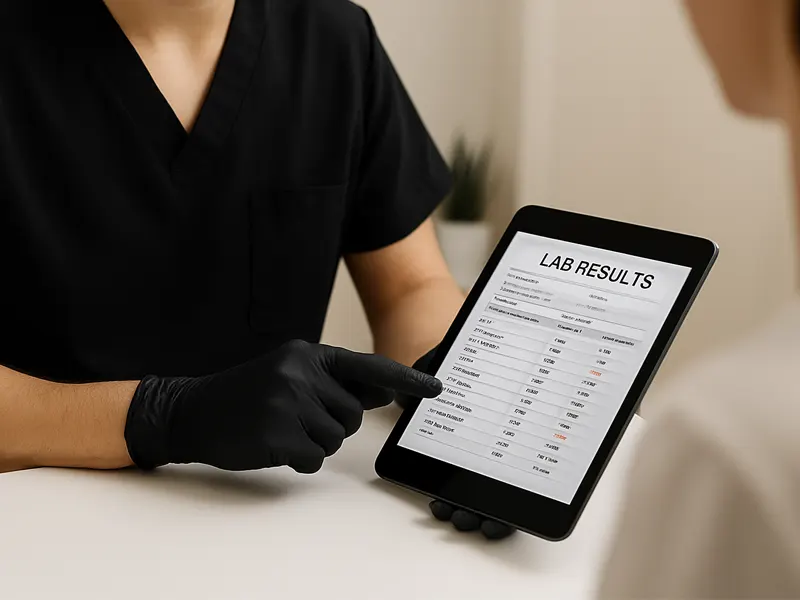 Clinician reviewing lab results on a tablet during a supportive vitamin deficiency consultation at Express Med Spa Frankfort