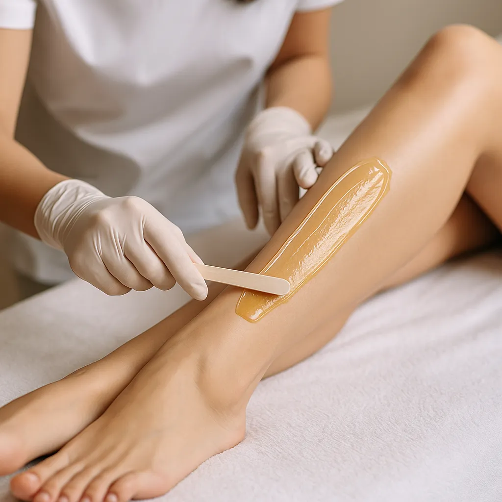 Provider applying warm wax to a client's lower leg at Express Med Spa in Manteno, IL