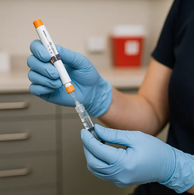 Clinician preparing a weekly weight loss injection for a microdosing schedule in Frankfort, IL