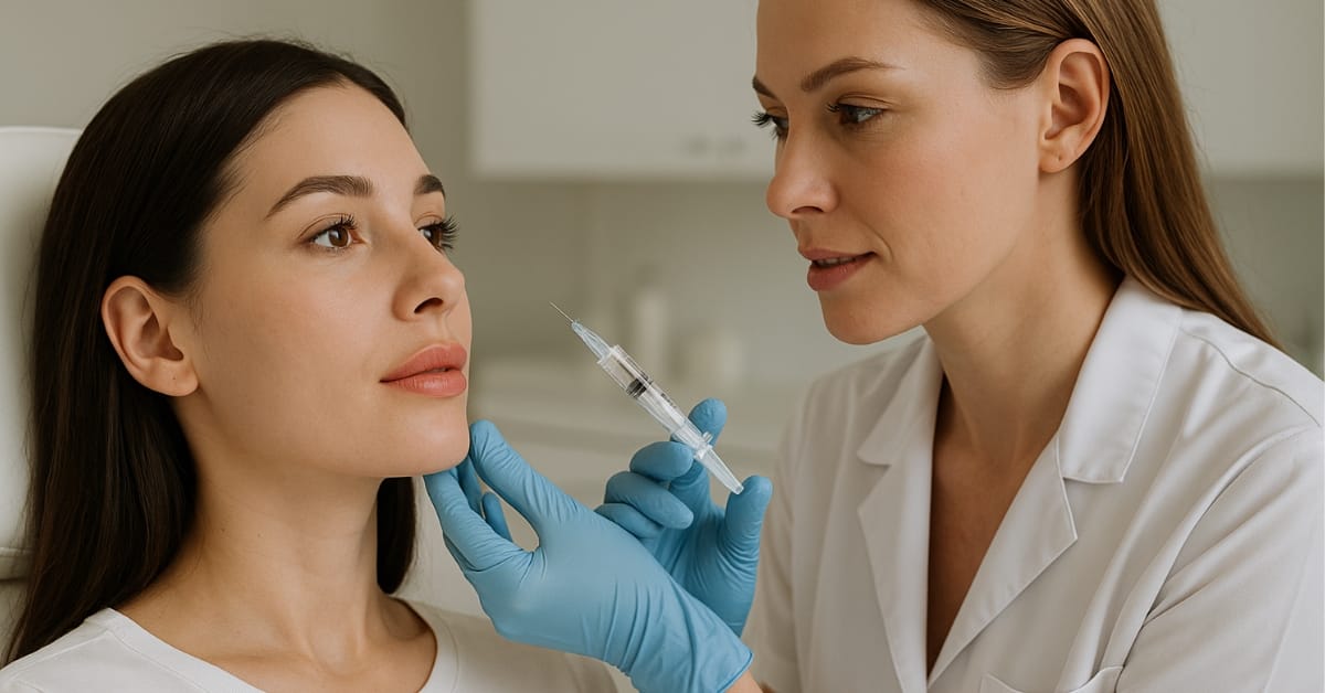 Licensed aesthetic injector preparing to administer lip filler to a female patient in a medical spa setting.
