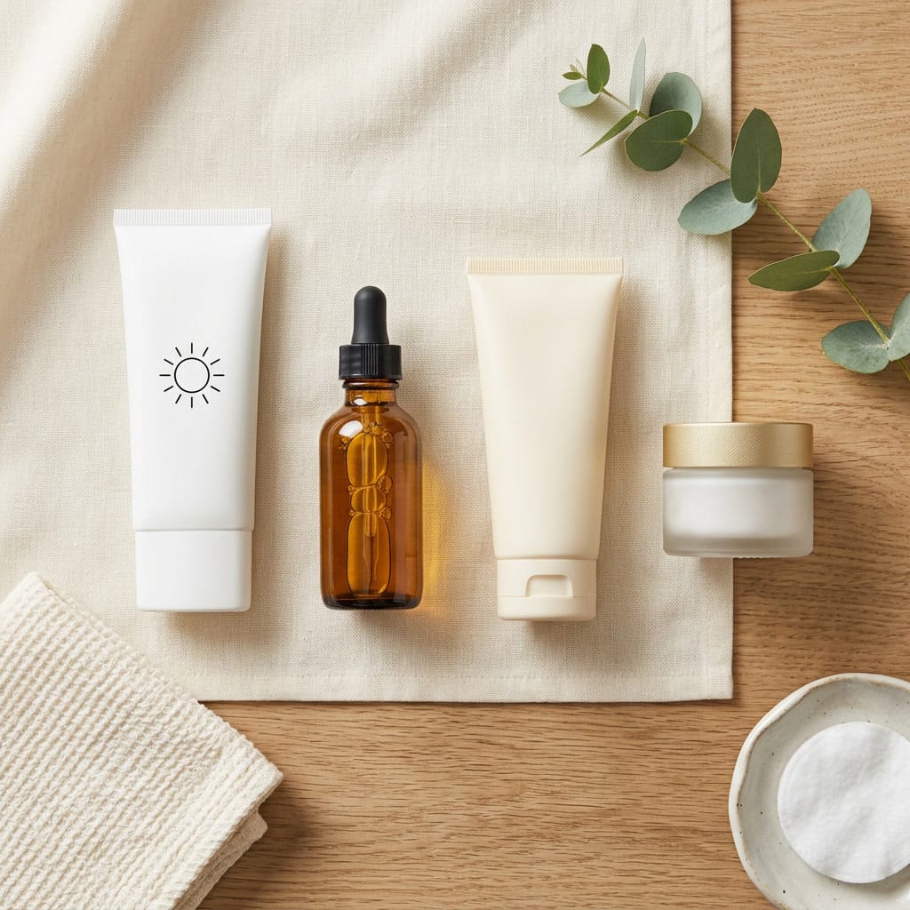 Flat lay of mineral SPF, hyaluronic acid serum, gentle cleanser, and ceramide moisturizer for microneedling aftercare